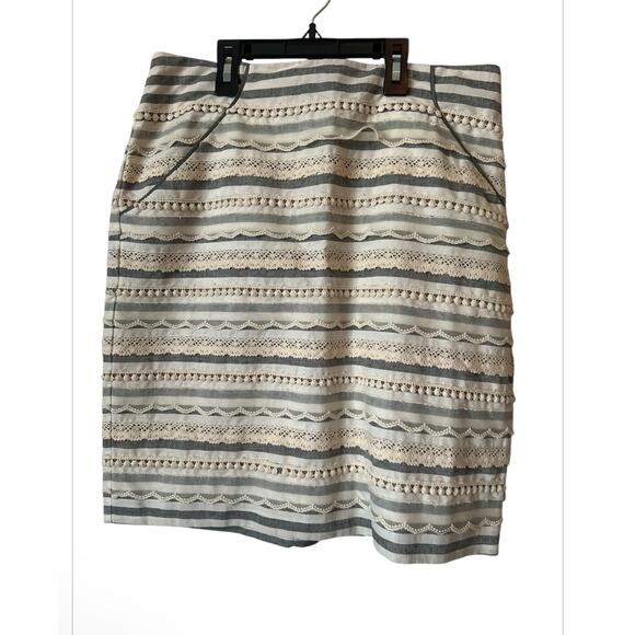 Tabitha Anthropologie Ivory Gray Striped Mini Skirt Pockets Lace Trim Size 4 - Picture 2 of 10
